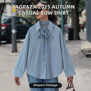 Chemise à manches longues rayée bleue pour femme avec col à nœud papillon, coupe ample, chemisier décontracté, haut en popeline à manches longues, à porter en toutes saisons - Product Image 2