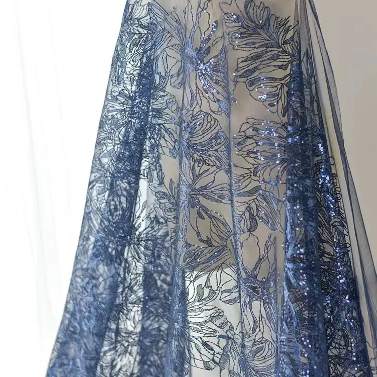 Conception de chine en gros bleu sequin broderie dentelle tissu pivoine cour mode vêtements tissu haut de gamme robe de mariée tissu
