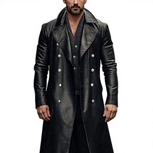 <b>Men</b> Genuine Leather <b>Long</b> Trench <b>Coat</b> Notched Lapel Double Breasted Regular Fit - Product Image 1