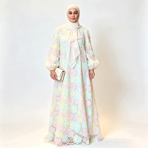 3D Floral Applique <strong>Maxi</strong> <strong>Dress</strong> Women Pastel Modest Wear Muslim Islamic Clothing Floor Length Occasion - Product Image 1