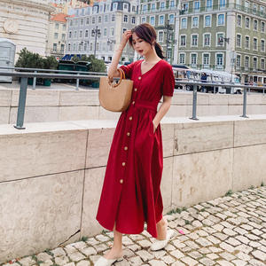 Nuovo abito camicia gonna a campana con collo a V in cotone e <span class=keywords><strong>lino</strong></span> <span class=keywords><strong>misto</strong></span> <span class=keywords><strong>misto</strong></span> a maniche corte abito monopetto - Product Image 1