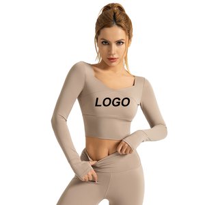 Conjunto de Yoga de 2 Piezas para Mujer con Logotipo Personalizado, Top Corto de Manga Larga y Leggings de Cintura Alta para Gimnasio, Fitness y Pilates - Product Image 1