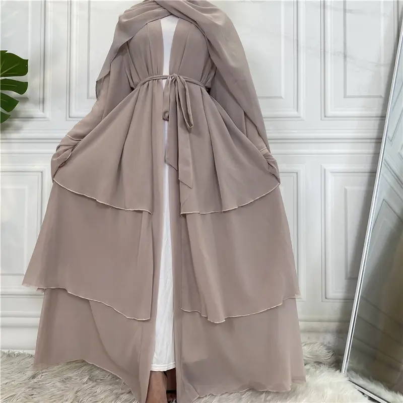 بيع بالجملة دبي تركيا عمان الأنيق كيمونو شيفون عباية للنساء فستان إسلامي 3 طبقات عباية شيفون مفتوحة