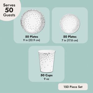 Assiettes jetables modernes en papier pour dîner et dessert, 150 pièces, 50 portions, fournitures de fête argentées pour mariages, anniversaires et autres événements - Product Image 4