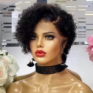 Highknight Wig keriting wanita, renda depan Pixie ikal transparan untuk gaya hitam pendek potongan Pixie rambut manusia baru rambut Brasil