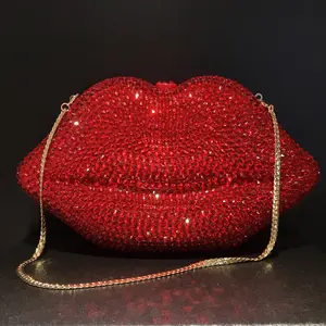 Trendy Bling Mini Charm Full Rhinestone Clutch Evening Bag Handbags Red Rhinestone Lip Bags