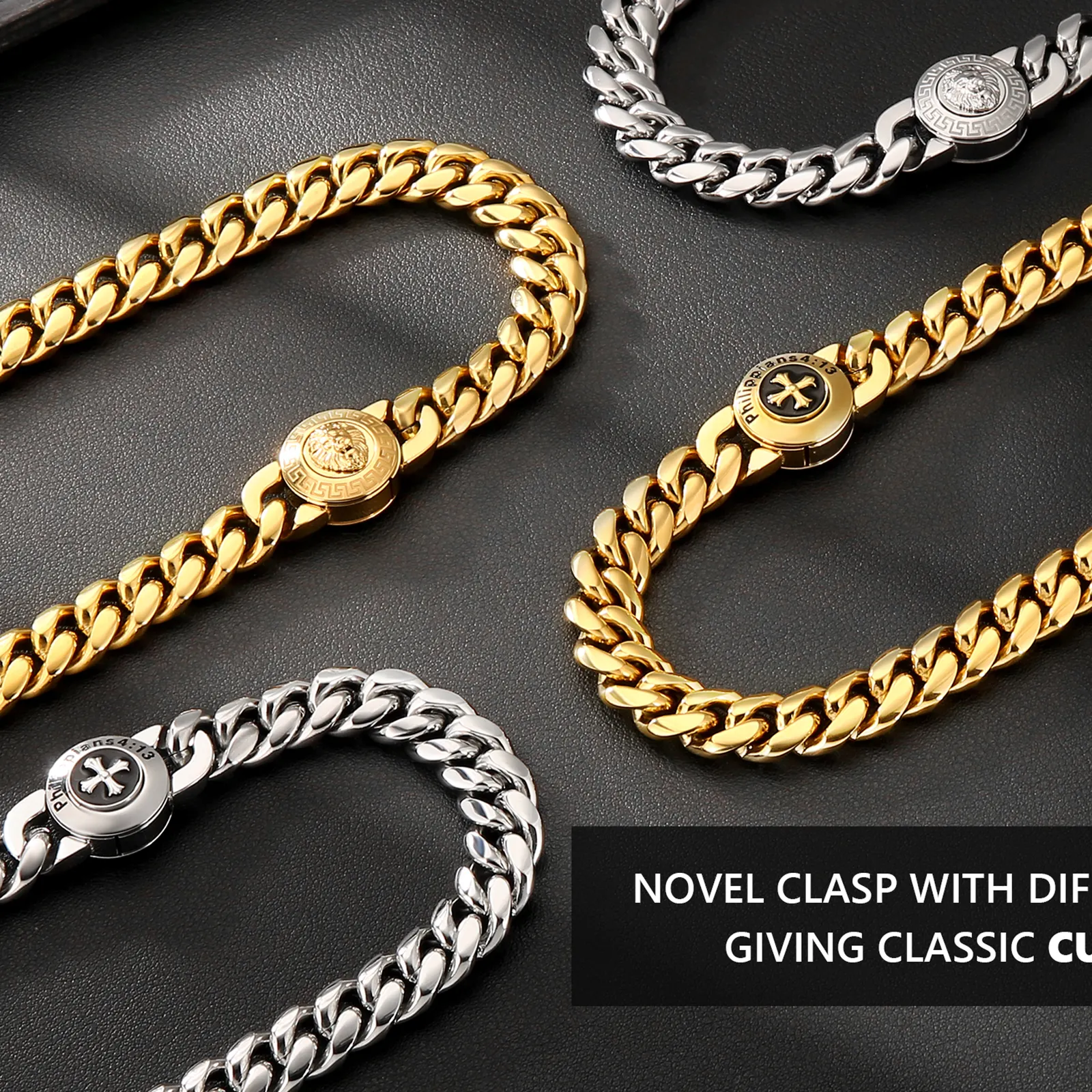 Lion Cross Button Clasp Necklace Bracelet 12mm Thick Miami Cuban Link 18K Real Gold Plated Women Boy Jewelry Hip Hop Men Chain