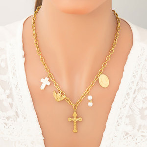Collier pendentif croix anti-ternissement en or massif 18 carats avec perles en acier inoxydable, articles religieux catholiques, produits pour femmes et filles - Product Image 4