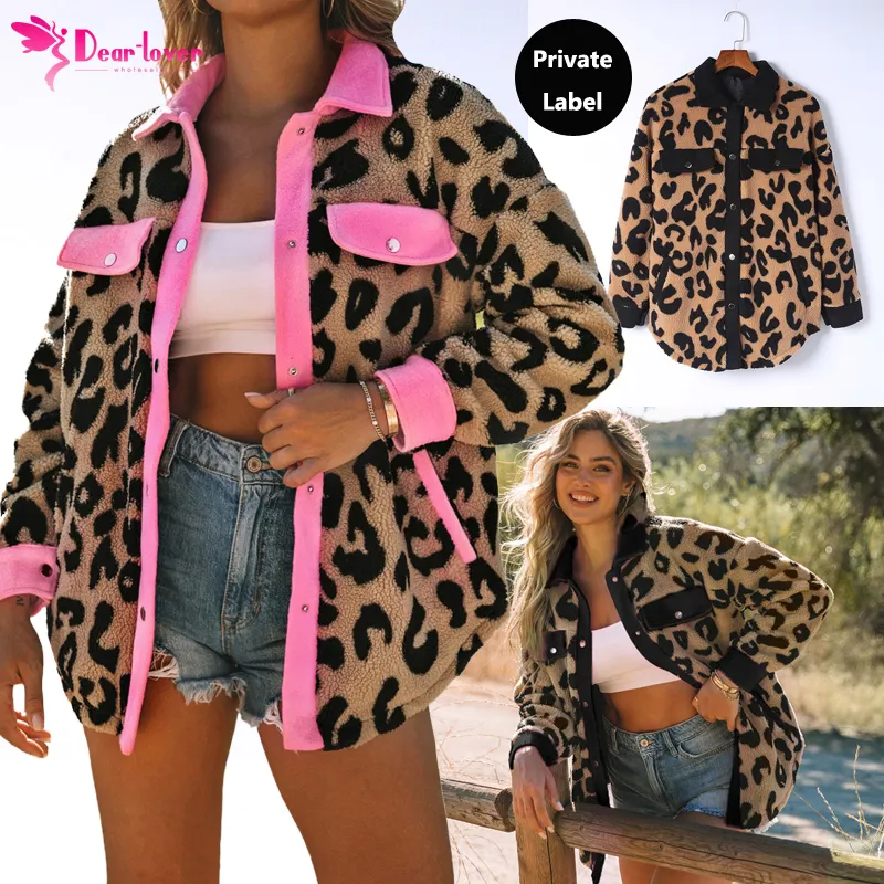 Dear-Lover Private Label High Quality Winter Coat Neon Pink Contrast Trimmed Leopard Teddy Shackets Fleece Sherpa Jacket Women