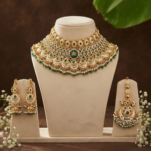 Traditional Imitation Antique Copper Plated Vintage Choker Necklace <b>Set</b> with Emerald Green Gemstones Tikka for Women Wedding - Product Image 2