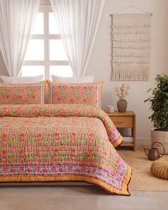 Mustard Yellow <b>Pink</b> Floral Cotton Quilt Hand Block Printed Reversible Indian Kantha <b>Blanket</b> King Size - Product Image 1