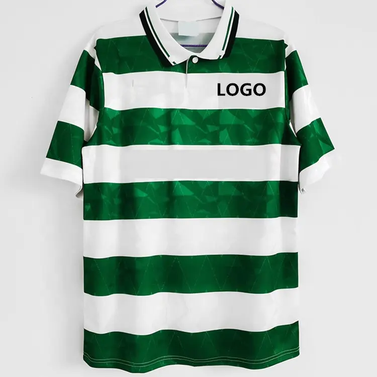 Camiseta de fútbol retro clásica para jóvenes, camiseta de fútbol de uniforme sublimada personalizada, kits de fútbol de equipo de club de rayas blancas y verdes