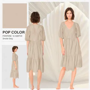 Odm Design Holiday Plain Women Summer Dress Fabricante Custom Ladies Tiered Dress Vestido largo Lino