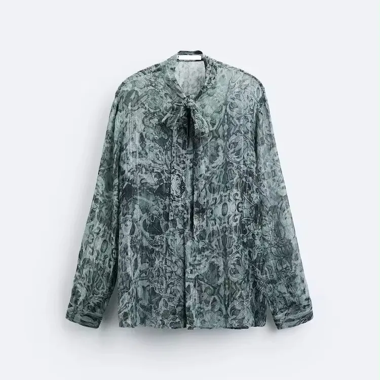 Limited Edition Men's Floral Print Shirt Relaxed Fit Semi-Sheer Fabric Shiny Thread Stripes Tied Band Collar Long Sleeves
