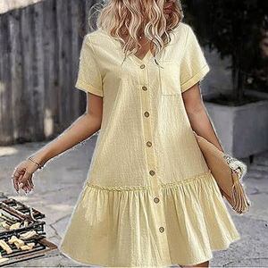 Vestido Midi Casual de Primavera para Mujer, de Algodón y Lino, con Cuello en V, Dobladillo con Volantes, Manga Corta, Cierre de Hebilla, Transpirable, Lavable, para Moda - Product Image 2