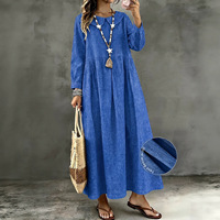 Robes grandes tailles pour femmes BYJ088, robes décontractées élégantes à manches longues, col Peter Pan, imprimé denim, robe maxi ample, robe d'automne pour femmes