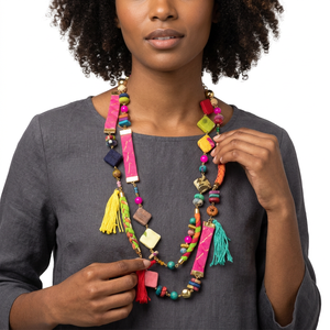 Collier fantaisie bohème coloré, écologique, fait main, en forme de boule, avec pompons et perles, bijoux de fête unisexe, chaîne plaquée or - Product Image 2