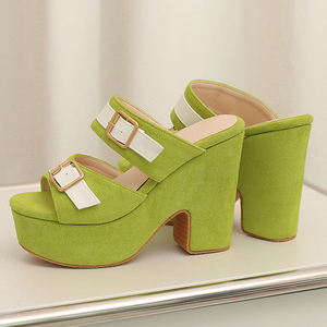 High <b>Platform</b> Suede Shoes Women's Outdoor Slides Wedge Chunky <b>Heels</b> <b>Open</b> <b>Toe</b> Sandals Solid Color Belt Buckles Slippers - Product Image 5