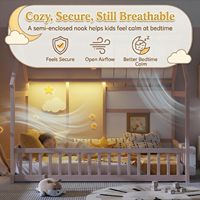 Lit Montessori moderne pour enfants, avec toit, lumières LED, cadre en bois de pin, barrières de sécurité, étagère, lit bas pour garçons et filles