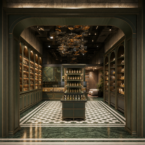 Ensemble de mobilier sur mesure haut de gamme pour boutique de parfums commerciale, système d'affichage en bois vert vintage pour parfumerie de luxe - Product Image 3