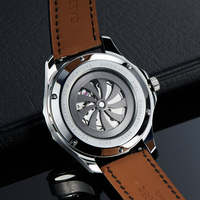 Montres automatiques mécaniques originales uniques à heure sautante pour hommes, acier inoxydable, cuir noir, logo personnalisé, fabricant de montres-bracelets
