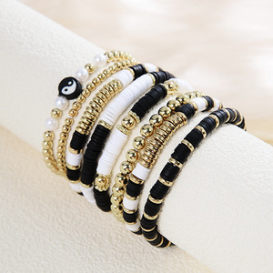 Black And <b>White</b> Polymer Clay <b>Bracelet</b> Set Smile Face Beaded Women Fashion Jewelry Ethnic Style Summer 2023 Yiwu Origin - Product Image 2