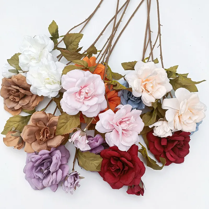 wholesale cheap 3 Heads high branch big rose Camellia silk flowers Artificial Flowers Handmade decoration for wedding