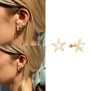 Boucles d'oreilles clous en argent sterling S925 en forme d'étoile de mer avec perle, cadeau de mariage haut de gamme - Product Image 6