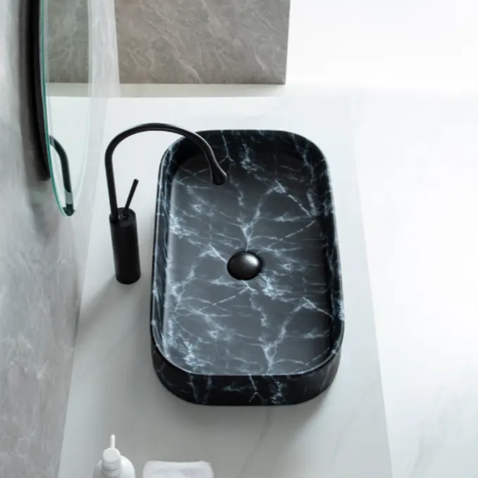 Hot Selling Table Top Bathroom Sink No Single Hole Modern Rectangular Shape Ceramic Black Basin
