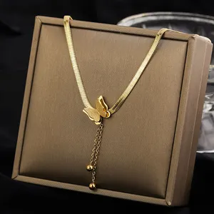 South Korea's latest stainless steel herringbone snake bone chain collar titanium steel double butterfly necklace accessories