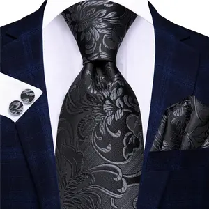 Lüks iş ipek jakarlı dokuma boyun bağları lüks erkek ipek çiçek kravat siyah gri erkek ipek kravat mendil kol düğmeleri seti