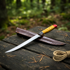 Low MOQ Hand-forged Damascus steel fillet <b>knife</b> Custom wood <b>handle</b> hunting <b>knife</b> 13" inches fillet <b>knife</b> With Leather Sheath - Product Image 3