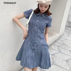 Vintage Women Single Breasted Short Mini Summer Linen Cotton S-XL Chinese Cheongsam Short Sleeve Dress
