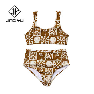 Traje de baño infantil de dos piezas con estampado hawaiano, personalizado de fábrica, de nailon reciclado de alta calidad para niñas. - Product Image 1