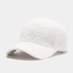 Wholesale Warm Winter Lamb Wool Outdoor Travel Caps Solid Color Plush Fleece Embroidered Logo Baseball Hat For Men Women