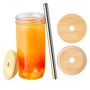 Botella de Vidrio Transparente Reutilizable para Beber, Taza de Café Helado con Pajita, Batido de Boca Ancha, Mason, Boba, Cerveza, Tapa de Bambú, 16oz - Product Image 2