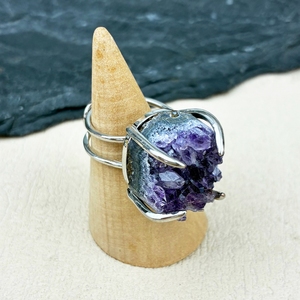 Cristal naturel vintage violet Drusy pierres de guérison améthyste grappe grande taille plaqué or anneaux réglables pour les femmes - Product Image 2
