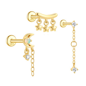 CANNER S925 Gold Plated <b>Sterling</b> <b>Silver</b> Plain Star Moonstone Fringe Four Prong 5A Zircon <b>Dangle</b> Flat Back Stud Piercing <b>Earrings</b> - Product Image 1