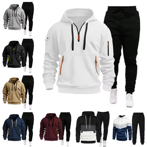 Ensemble deux pièces de survêtement en coton tricoté respirant, à capuche zippée, coupe oversize, couleur unie, haute qualité pour homme, manches longues - Product Image 1