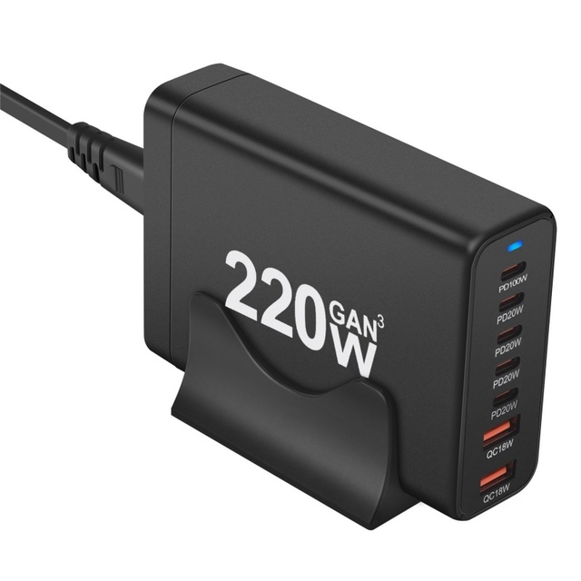 High Power Charger 220W Gan 5 Ports Type C to 2 Ports USB a Fast Charging Desktop Universal Plug for Laptop IPhone17 16