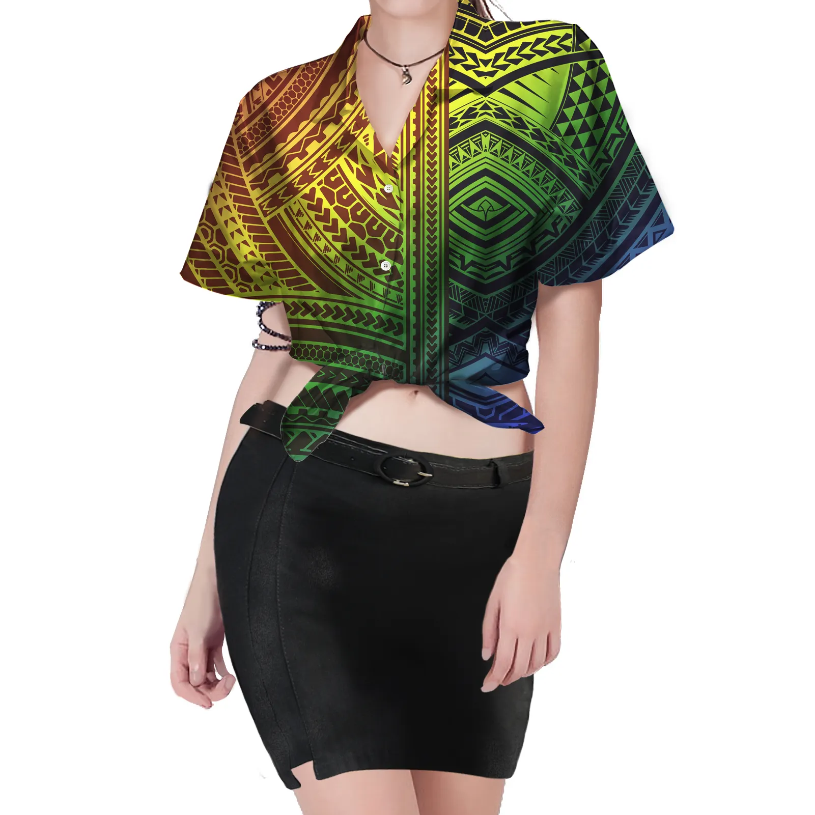 Wholesale Price Summer Tie Women Shirt Polynesian Tribal Print Shirt Cover Up Plus Size 4XL Tee Best Selling Casual Buttons Top