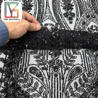 Tissu en dentelle de luxe noir avec pierres de cristal, tulle brodé, perles et paillettes pour robes de soirée élégantes pour femmes