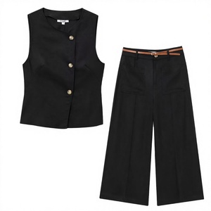 Women's Black Sleeveless <b>Blazer</b> Top with Button Detail Wide Leg Pants Two Piece <b>Set</b> Casual Eco-Friendly Summer Wear - Product Image 2