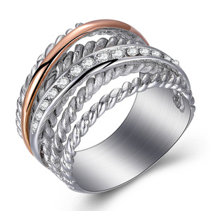 European American Fashion Women's Two-Tone <b>Titanium</b> Steel <b>Ring</b> Pave Setting Geometric Design Gift Jewelry - Product Image 1