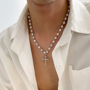 Collana con Ciondolo a Croce con Strass per Uomo, Catena con Perle Finte, Gioielli Religiosi Hip Hop, Regali - Product Image 3