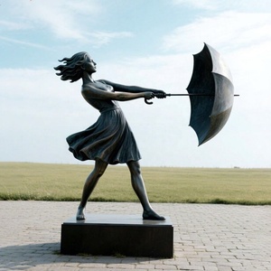 Sculpture de jardin extérieure, sculpture de fille en bronze grandeur nature avec parapluie pour la décoration paysagère - Product Image 4