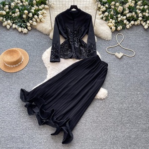 New Spring Long Sleeve V Neck Vintage Shirt Dress 2 Piece Set Modest Muslim Outfit - Product Image 4