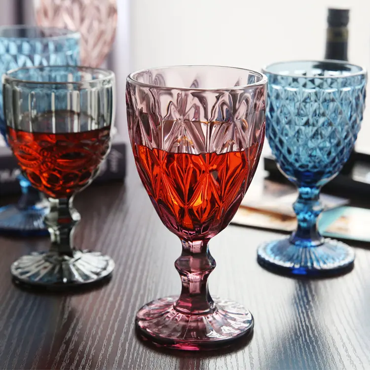 Customized Color Embossed Goblet Vintage Wine Glass For Hotel Party Carton Glass Cups Modern Personality Glass Water CN FUJ N/A