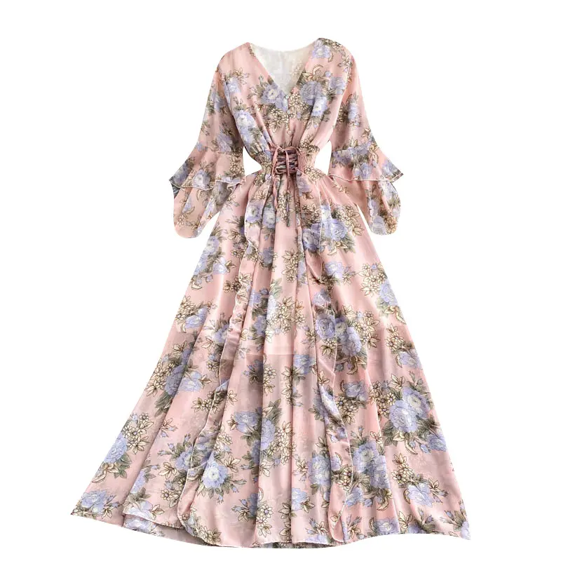 2023 Unique Summer Clothes For Women Elegant Floral Binding Ruffled Edge Maxi Dress