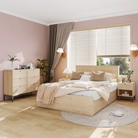 Ensemble de chambre à coucher 4 pièces en rotin naturel et bois style ferme, avec lit Queen, commode et table de chevet, idéal pour appartement et hôtel